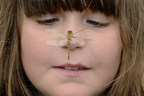 Mädchen beobachtet Libelle, die auf ihrer Nase sitzt - MJOF01305