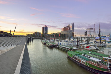 Deutschland, Hamburg, Blick auf Hanseatic Trade Center und Elbphilharmonie vom Niederhafen aus am Morgen - RJF00646