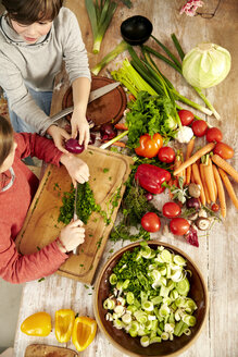 Junge und Mädchen hacken Gemüse in der Küche, Draufsicht - TSFF00128