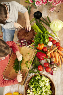 Junge und Mädchen hacken Gemüse in der Küche, Draufsicht - TSFF00129