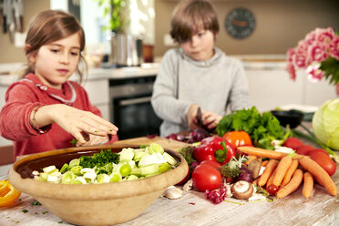 Boy and girl chopping vegetables in the kitchen - TSFF00131