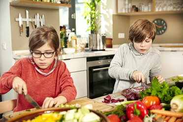 Boy and girl chopping vegetables in the kitchen - TSFF00133