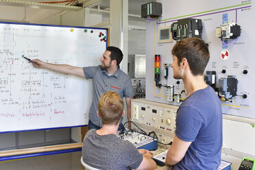 Schüler schauen den technischen Lehrer am Whiteboard an - LYF00596