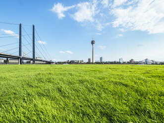 Deutschland, Düsseldorf, Blick auf Rheinbrücke und Rheinturm mit Wiese im Vordergrund - KRPF01951