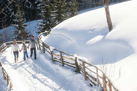 Familienspaziergang im Schnee, lizenzfreies Stockfoto