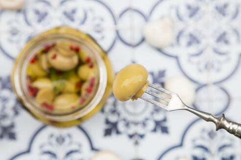 Eingelegter Champignon auf einer Gabel aufgespießt, Nahaufnahme - LVF05557