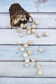 Weidenkorb mit Bio-Champignons auf Holz - LVF05559