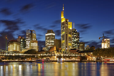 Germany, Hesse, Frankfurt, Skyline of financial district with Ignatz Bubis Bridge - GF00861