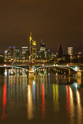Germany, Hesse, Frankfurt, Skyline of financial district with Ignatz Bubis Bridge - GFF00863