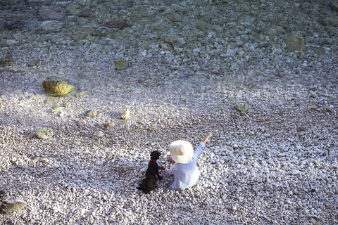 Draufsicht auf eine Frau, die mit ihrem Hund am Strand sitzt, lizenzfreies Stockfoto