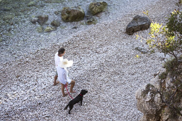 Top view of senior couple walking on the beach with dog - HAPF01021