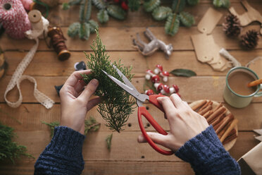Frauenhände beim Schneiden von Zweigen zur Dekoration von Weihnachtsgeschenken - RTBF00495