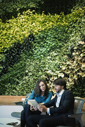 Businessman and woman sitting in front of green plant wall, using digital tablet - WESTF21889