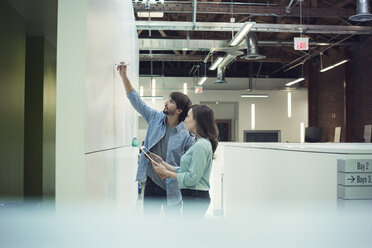 Businessman and woman writing on white board - WESTF21941