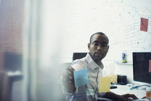 White collar worker sitting in office, sticking notes on glass walll - WESTF21945