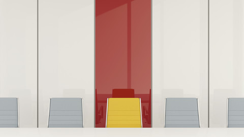 Konferenzraum mit einem Stuhl, der sich von der Masse abhebt, 3d-Rendering, lizenzfreies Stockfoto