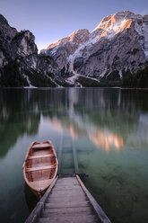 Italy, South Tyrol, Pragser Wildsee, boat at jetty - HAMF00238