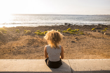 Back view of woman sitting on a wall looking at the sea - SIPF01076