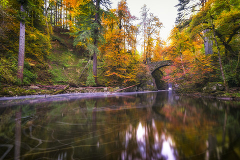 UK, Schottland, Dunkeld, Herbstbäume am Fluss Braan, lizenzfreies Stockfoto