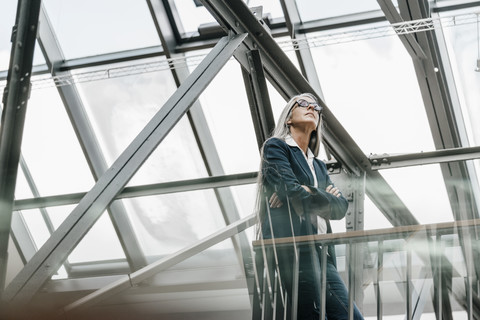 Woman with long grey hair standing in a loft stock photo
