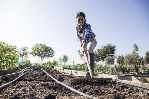 Woman working on farm, preparing vegetable patch with rake - ABZF01496