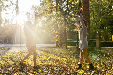 Two playful young women in a park in autumn - MGOF02600