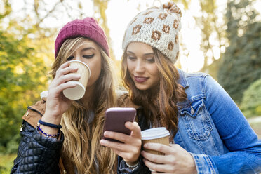 Zwei junge Frauen mit Smartphone in einem Park im Herbst - MGOF02618