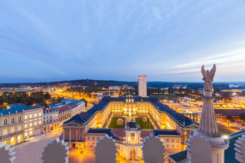 Germany, Potsdam, view to lighted Potsdam City Palace with Fortuna Portal from St. Nicholas church - WDF03788