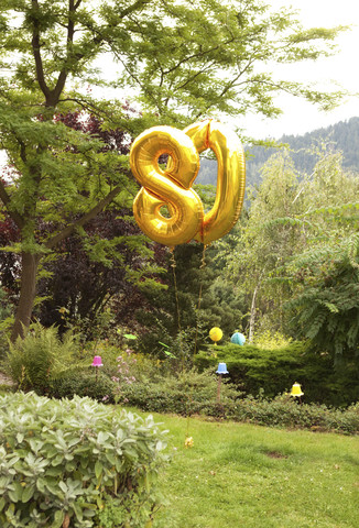 Dekoration zum 80. Geburtstag im Garten mit goldenen Luftballons, lizenzfreies Stockfoto