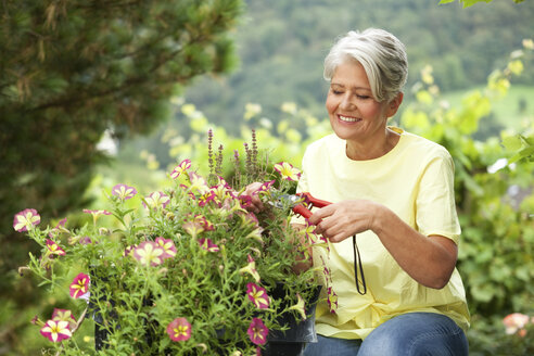 Reife Frau schneidet Blumen mit einer Gartenschere - MFRF00750