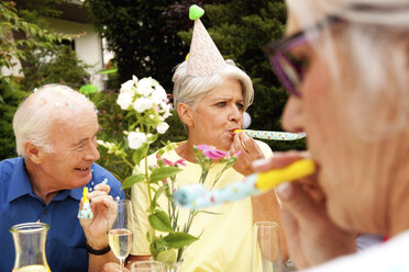 Senioren feiern Geburtstagsparty im Garten - MFRF00795