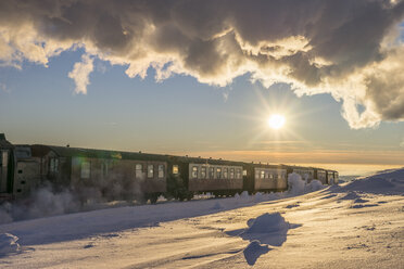 Germany, Saxony-Anhalt, Brocken Railway arriving snow-covered summit of Brocken Mountain - PVCF00937