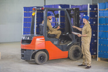 Arbeiter beim Einlagern von Lasten mit Gabelstapler - ZEF11815