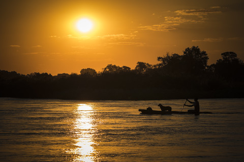 Namibia, Mann und Hund überqueren Okavango-Fluss mit Mokoro bei Sonnenuntergang, lizenzfreies Stockfoto