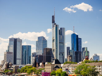 Germany, Frankfurt, view to skyline of skyscrapers with old town in the foreground - KRPF02027