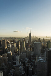 USA, New York City, cityscape with Empire State Building as seen from Rockefeller Center observation deck - UUF09380