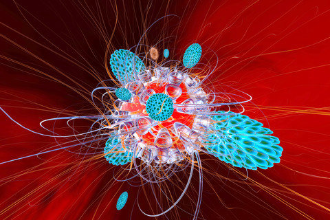 Abwehrzellen des Immunsystems beim Angriff auf ein Virus, 3D-Rendering, lizenzfreies Stockfoto