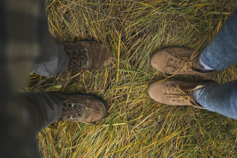 Beine eines im Gras stehenden Paares, lizenzfreies Stockfoto
