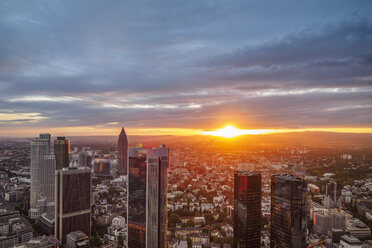 Germany, Frankfurt, city view at sunset seen from above - KRPF02048