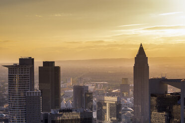 Germany, Frankfurt, skyscrapers at sunset seen from above - KRPF02054