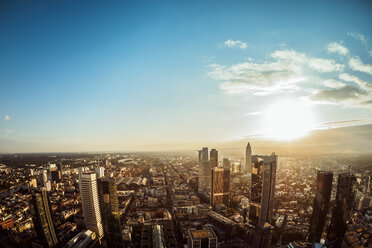 Germany, Frankfurt, city view at sunset seen from above - KRPF02056