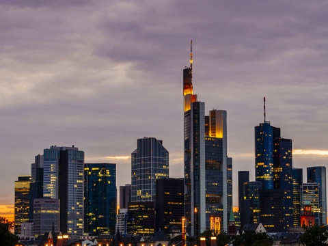 Germany, Frankfurt, view to skyline of financial district at twilight stock photo