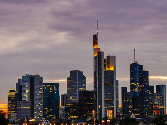 Germany, Frankfurt, view to skyline of financial district at twilight - KRPF02064
