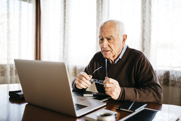 Senior photographer looking at laptop at home - JRFF01053