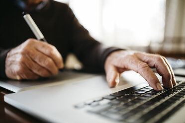 Senior-Fotograf bei der Arbeit mit Laptop, Nahaufnahme - JRFF01057