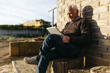Älterer Mann sitzt auf einem Baumstumpf und benutzt ein Tablet - JRFF01072