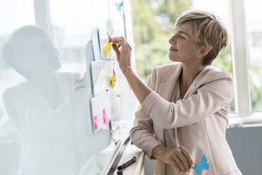 Businesswoman putting notes on whiteboard in office - RIBF00668