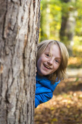 Blonder Junge versteckt sich hinter einem Baumstamm im Wald - SARF03078