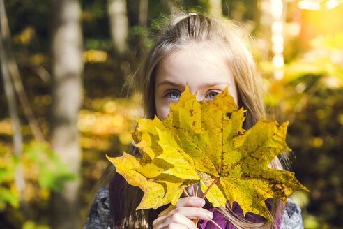 Kleines Mädchen versteckt ihr Gesicht hinter Herbstblättern - SARF03079