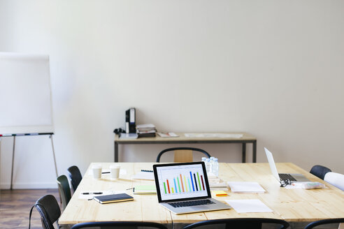 Laptop displaying bar chart on office desk - EBSF01888